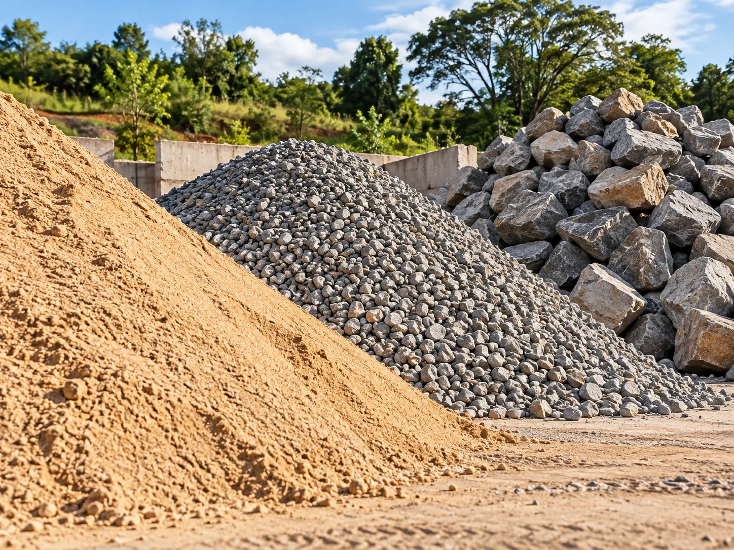 Cena ilustrativa de montes de areia, pedra e rachão reciclados