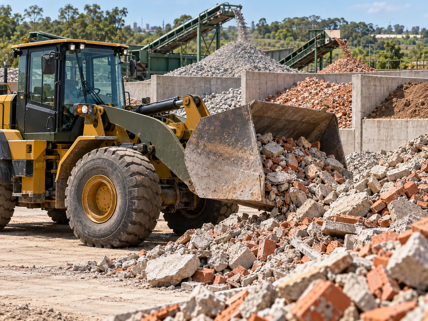 Cena ilustrativa de triagem de entulho de construção em usina de reciclagem
